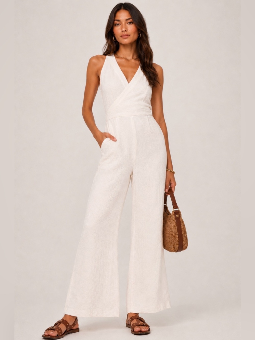 Anthropologie Demi Textured Cotton Wide Leg Jumpsuit Tie Waist Pockets Ivory